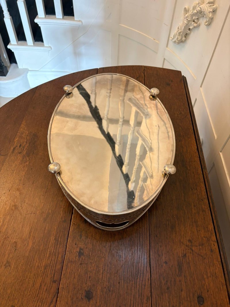 Antique Large Edwardian Silver Plated Oval Gallery Cocktail / Decanter Tray with Handles - Image 9